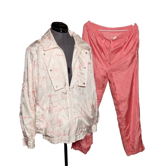 adidas Pants - Vintage 80s 90s Adidas‎ Trefoil Women's Coral White Geometric  Tracksuit Set M